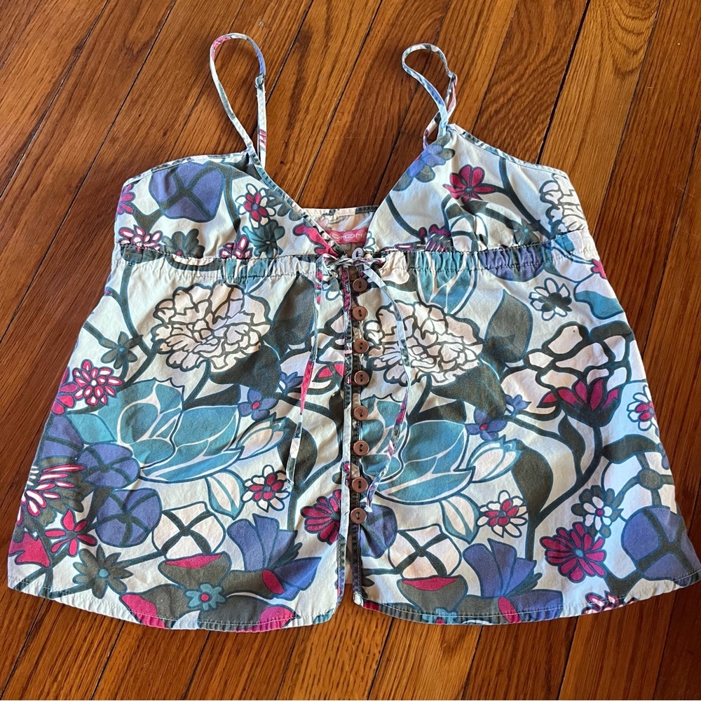 gorgeous vintage y2k floral graphic button down tank top with front tie
